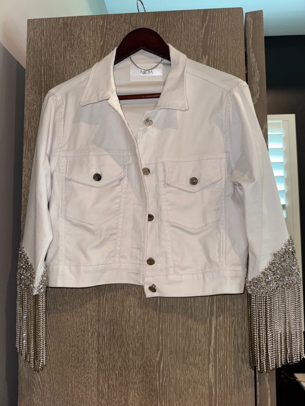 Nissa White Cropped Denim Jacket with Crystal Chain Fringe